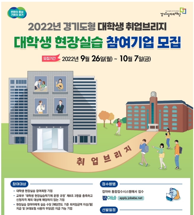 2022년 경기도형 대학생 취업브리지 대학생 현장실습 참여기업 모집 10월7일까지 잡아바 통합접수시스템에서 접수