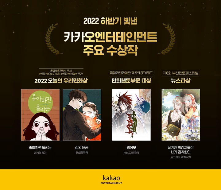 카카오엔터테인먼트가%20올%20한%20해를%20아우르는%20웹툰%20작품을%20조명하는%20시상식에서%20연이은%20수상%20소식을%20발표했다.